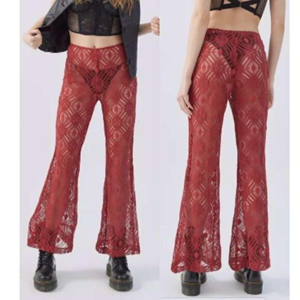 Urban Outfitters Tasha Sheer Lace High Rise Flare Pant Whimsy Red Size 10